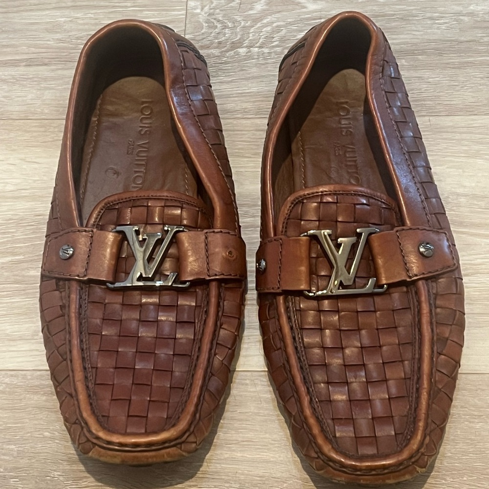 Authentic Louis Vuitton Monte Carlo Moccasin Brown Woven Leather Slip-On Loafers